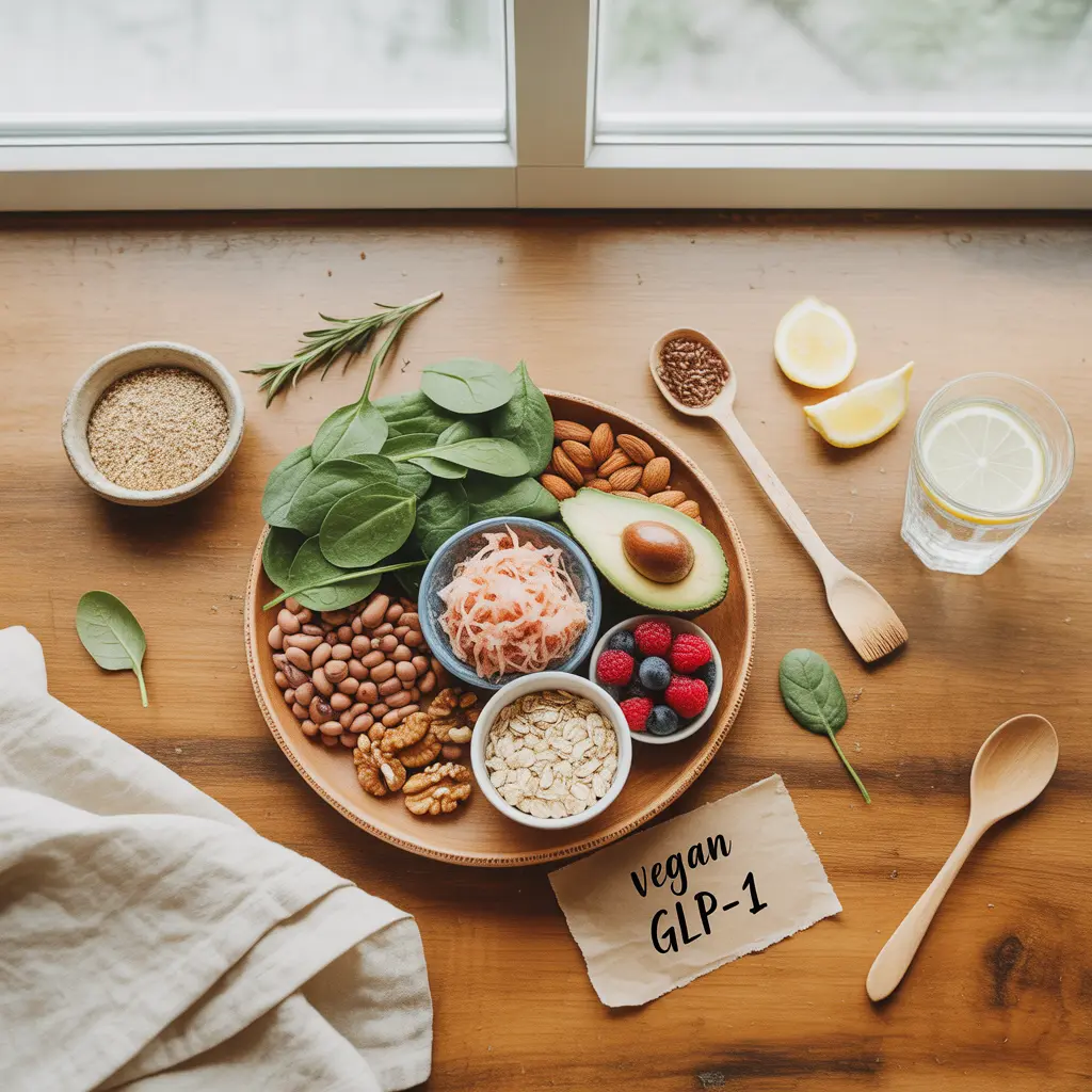 "Natural flat lay on warm wood with terracotta plate of beans, sauerkraut, almonds, spinach, avocado, oats, berries, walnuts surrounded by flaxseeds, lemon water, and handwritten Vegan GLP-1 label representing GLP-1 stimulating vegan foods."