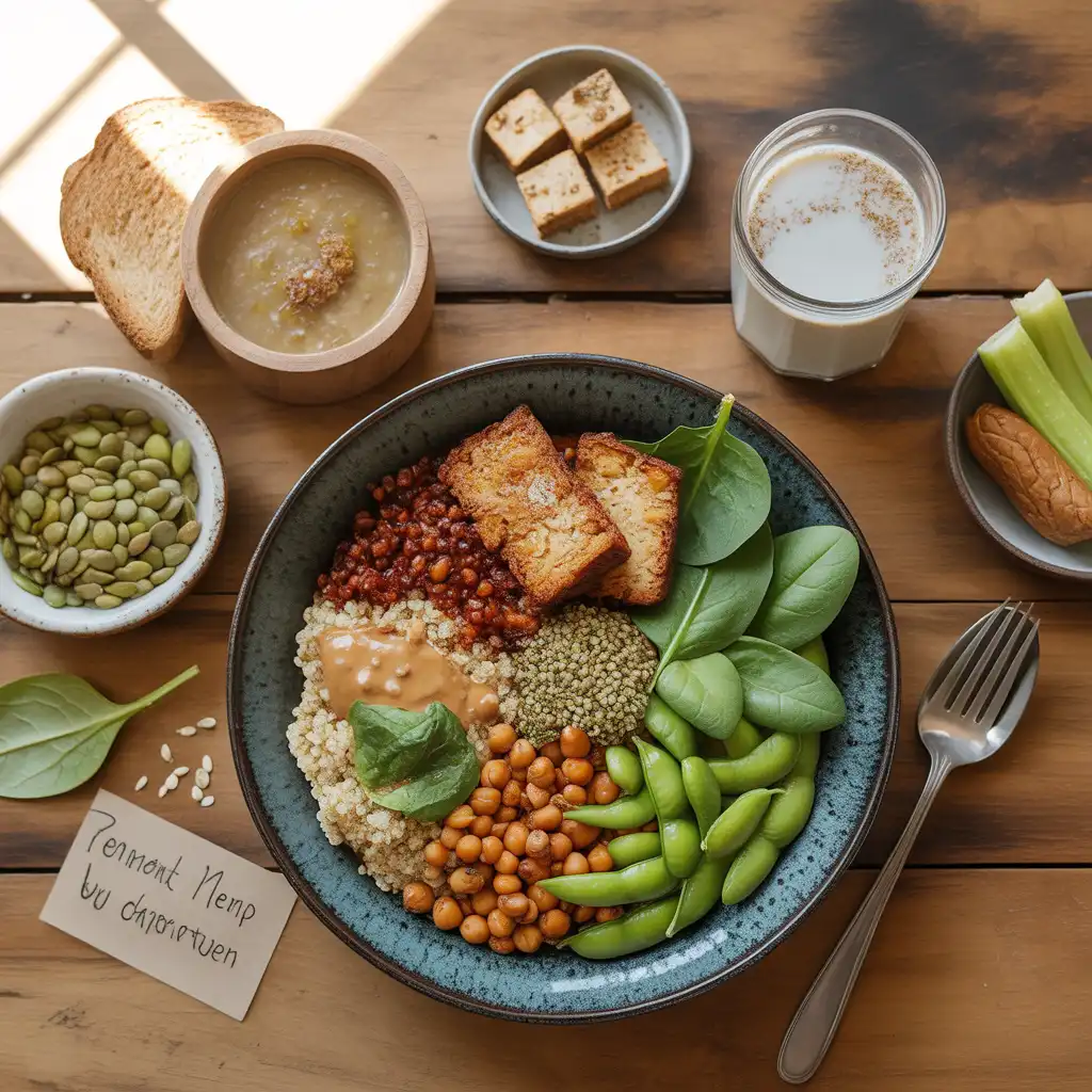 "Natural satisfying flat lay on rustic wood with charcoal gray bowl of pan-seared tempeh, quinoa, roasted chickpeas, edamame, hemp hearts, spinach, tahini, lentil soup with toast, roasted tofu, pea milk, pumpkin seeds, almond butter with celery, and handwritten High Protein Meal label representing vegan high protein meals."