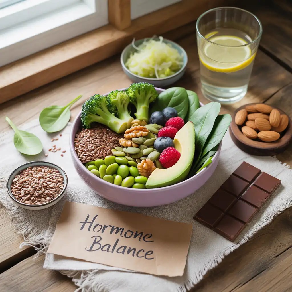 "Natural balancing flat lay on rustic wood with lavender bowl of flaxseeds, broccoli, edamame, spinach, avocado, walnuts, berries, pumpkin seeds, sauerkraut, lemon water, almonds, dark chocolate, and medium Hormone Balance label representing vegan hormone balancing diet."