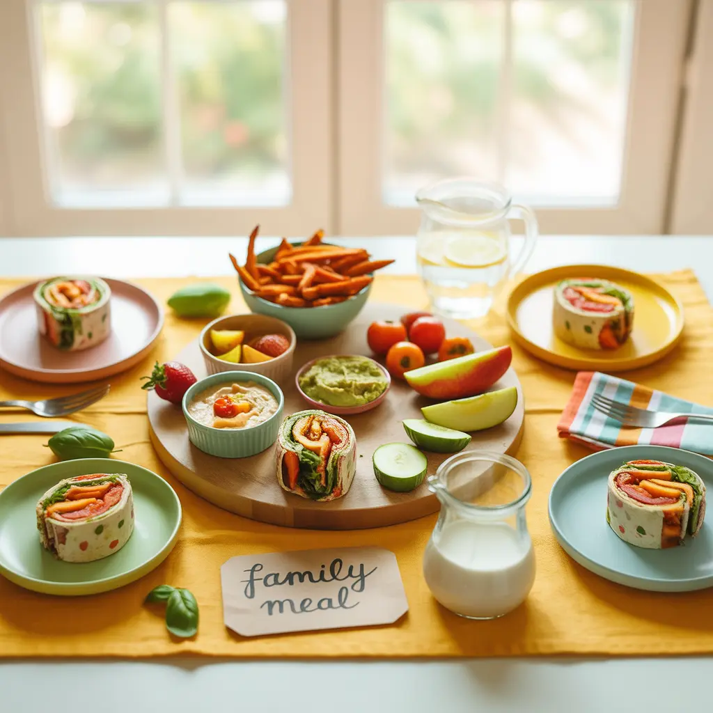 vegan-meal-plan-for-families-kid-friendly-guide-featured "Warm joyful flat lay on kitchen table with wooden board of veggie wraps, sweet potato fries, hummus, guacamole, cherry tomatoes, cucumber, apple wedges, strawberries, four small colorful plates, plant milk, and handwritten Family Meal label representing vegan meal plan for families."