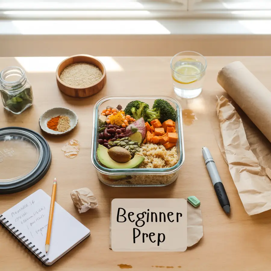 "Natural organized flat lay on light wood with glass container of quinoa, sweet potato, broccoli, black beans, avocado, pumpkin seeds, uncooked quinoa, spices, chopped vegetables, shopping list, parchment paper, silicone bags, marker, lemon water, and handwritten Beginner Prep label representing vegan meal prep for beginners."