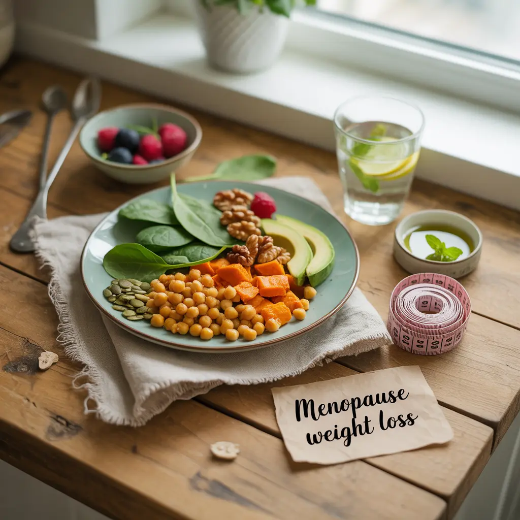 "Natural flat lay on warm wood with sage green plate of roasted chickpeas, sweet potato, spinach, avocado, walnuts, pumpkin seeds, berries, green tea, cucumber water, and handwritten Menopause Weight Loss label representing vegan menopause weight loss foods."