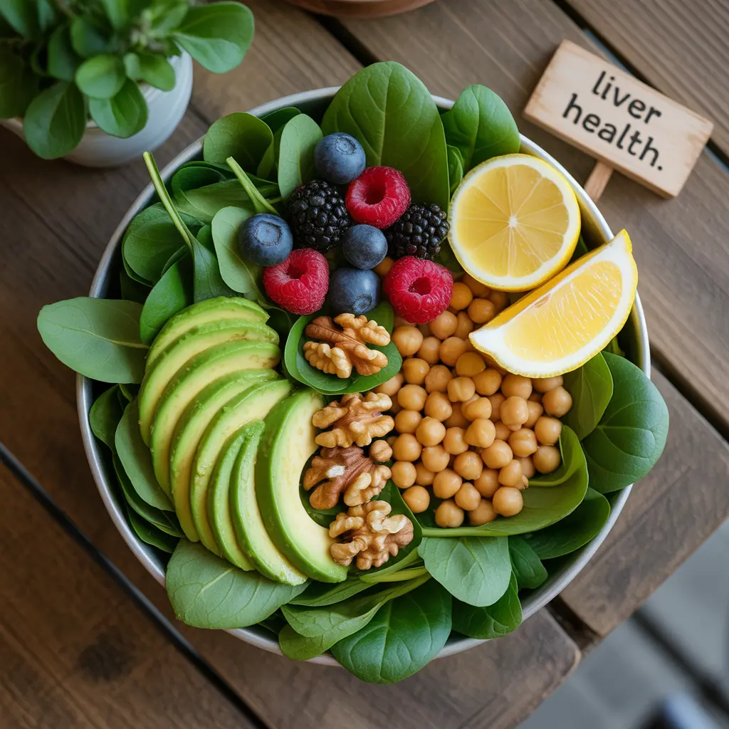 vegan-nafld-liver-health-foods-guide-featured "Vibrant flat lay with bowl of spinach, avocado, walnuts, blueberries, turmeric chickpeas, pumpkin seeds, lemon water, and Liver Health sign representing vegan NAFLD reversal foods."