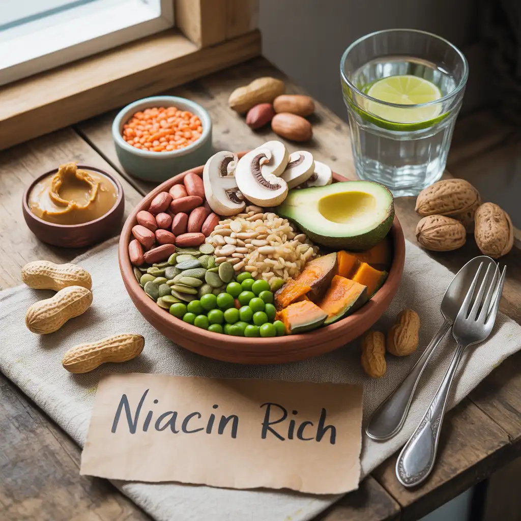 "Natural energizing flat lay on rustic wood with terracotta bowl of peanuts, sunflower seeds, brown rice, mushrooms, avocado, green peas, sweet potato, pumpkin seeds, peanut butter, lentils, almonds, lime water, walnuts, and medium Niacin Rich label representing vegan niacin foods for energy and DNA repair."