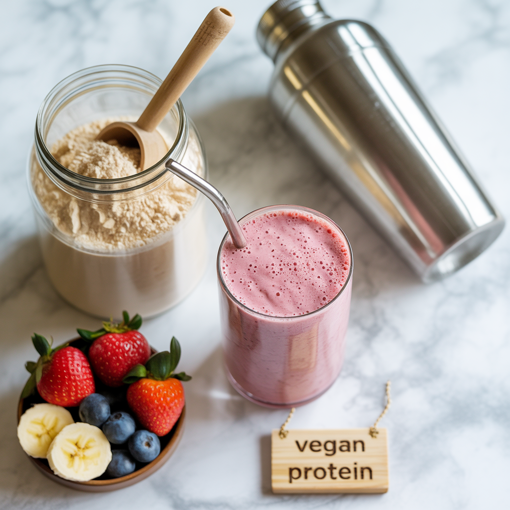 "Top-down view of pink berry protein smoothie bowl topped with banana, strawberries, blueberries, granola, chia seeds with protein jar and shaker bottle representing vegan protein powder guide."