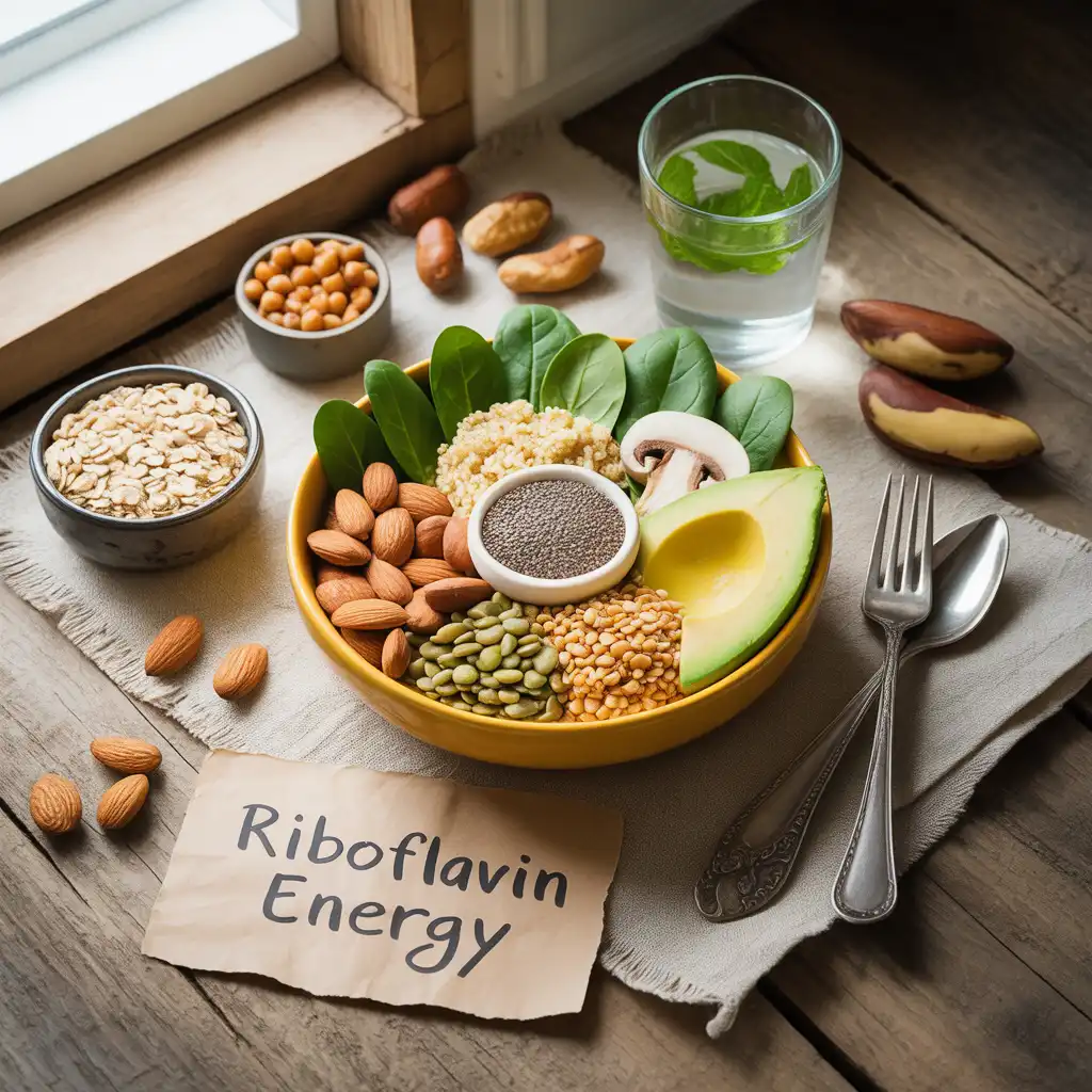"Natural energizing flat lay on rustic wood with golden-yellow bowl of almonds, quinoa, spinach, mushrooms, avocado, sunflower seeds, lentils, chia seeds, oats, chickpeas, walnuts, mint water, Brazil nuts, and medium Riboflavin Energy label representing vegan riboflavin foods for energy and B2 activation."