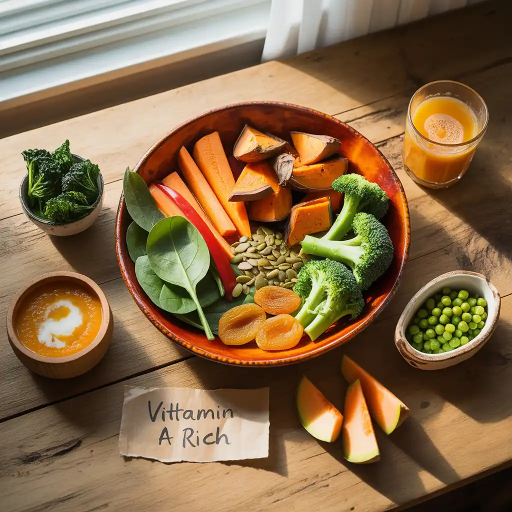 vegan-vitamin-a-foods-sweet-potato-carrot-guide-featured "Natural vibrant flat lay on rustic wood with sunset orange bowl of roasted sweet potato, carrot sticks, broccoli, spinach, red bell pepper, dried apricots, pumpkin seeds, butternut squash soup, kale, carrot-apple juice, cantaloupe, peas, and handwritten Vitamin A Rich label representing vegan vitamin A foods."