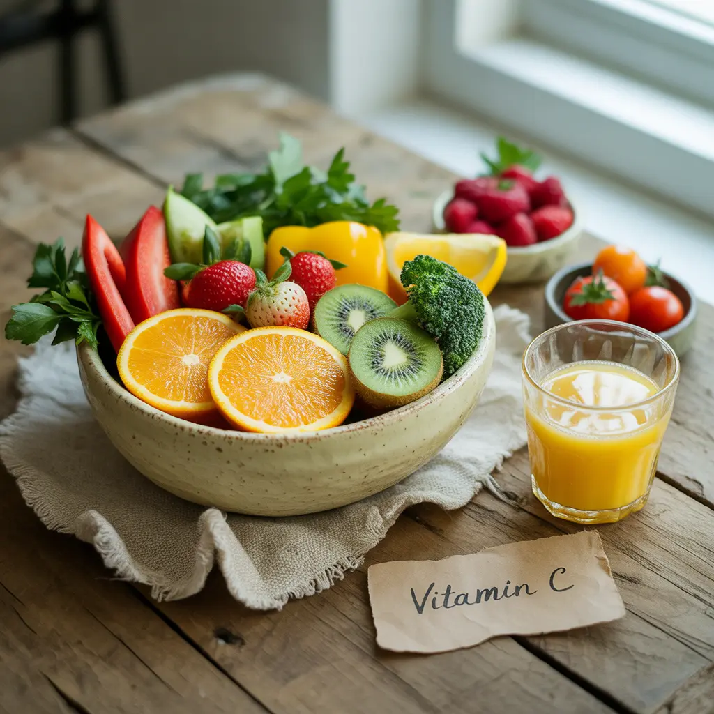 "Natural flat lay on rustic wood with cream bowl of oranges, bell peppers, strawberries, kiwi, broccoli, lemon, raspberries, cherry tomatoes, orange juice, and handwritten Vitamin C label representing vegan vitamin C foods."
