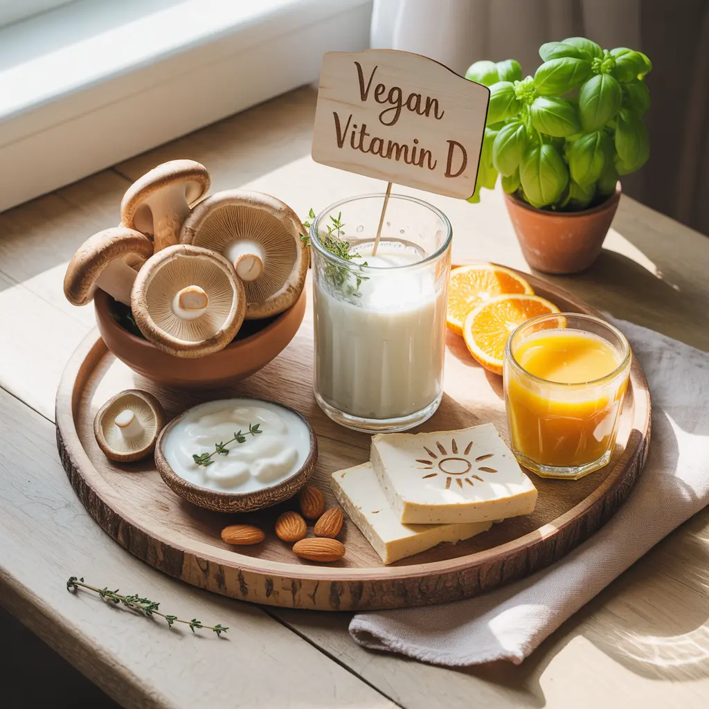 vegan-vitamin-d-foods-uv-mushrooms-guide-featured "Bright flat lay on wooden table with rustic platter of UV mushrooms, fortified oat milk, fortified yogurt, fortified tofu, orange juice, almonds, basil plant, sun decoration, and clear Vegan Vitamin D sign representing vegan vitamin D sources."