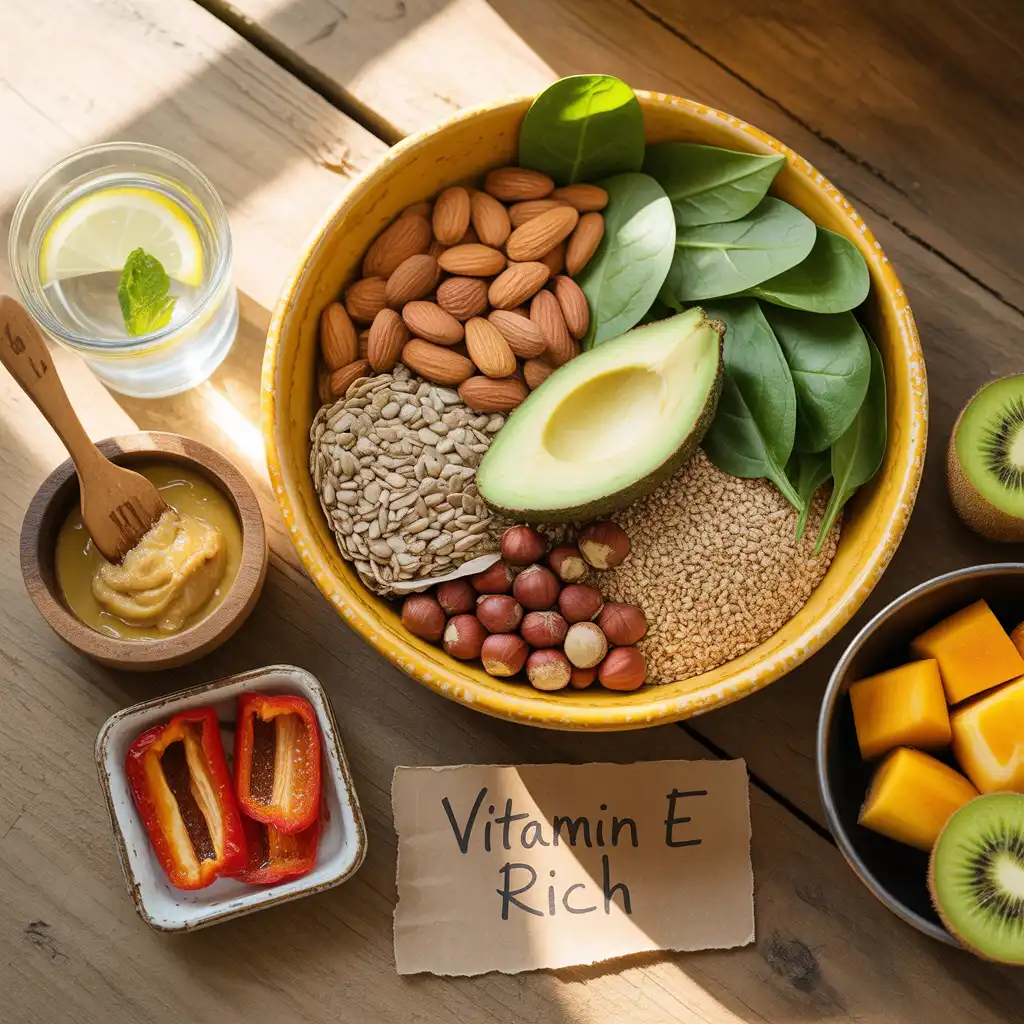 vegan-vitamin-e-foods-almonds-seeds-avocado-guide-featured "Natural vibrant flat lay on rustic wood with sunflower yellow bowl of almonds, sunflower seeds, avocado, spinach, quinoa, hazelnuts, wheat germ, almond butter, red bell pepper, kiwi, butternut squash, and handwritten Vitamin E Rich label representing vegan vitamin E foods."
