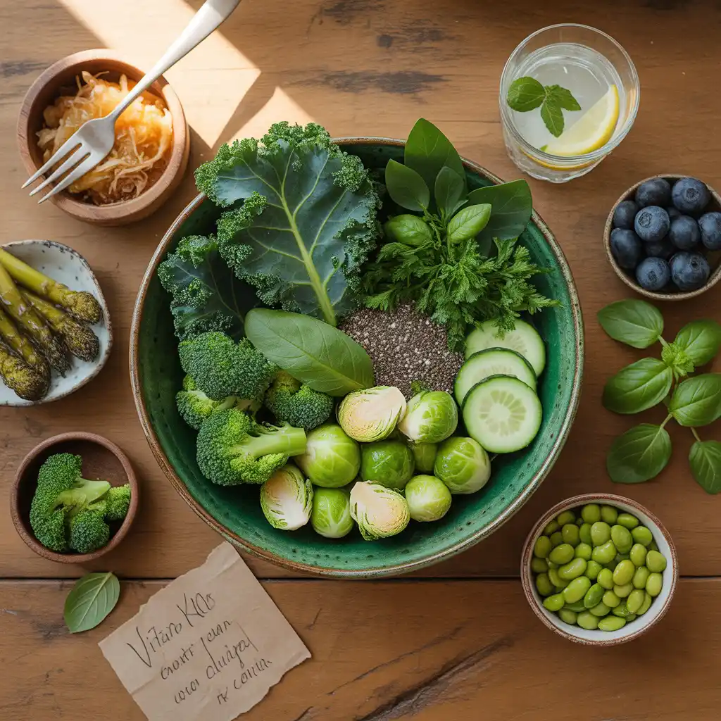 "Natural vibrant flat lay on rustic wood with forest green bowl of kale, broccoli, Brussels sprouts, parsley, cucumber, basil, chia seeds, sauerkraut, asparagus, blueberries, edamame, and handwritten Vitamin K Rich label representing vegan vitamin K foods."