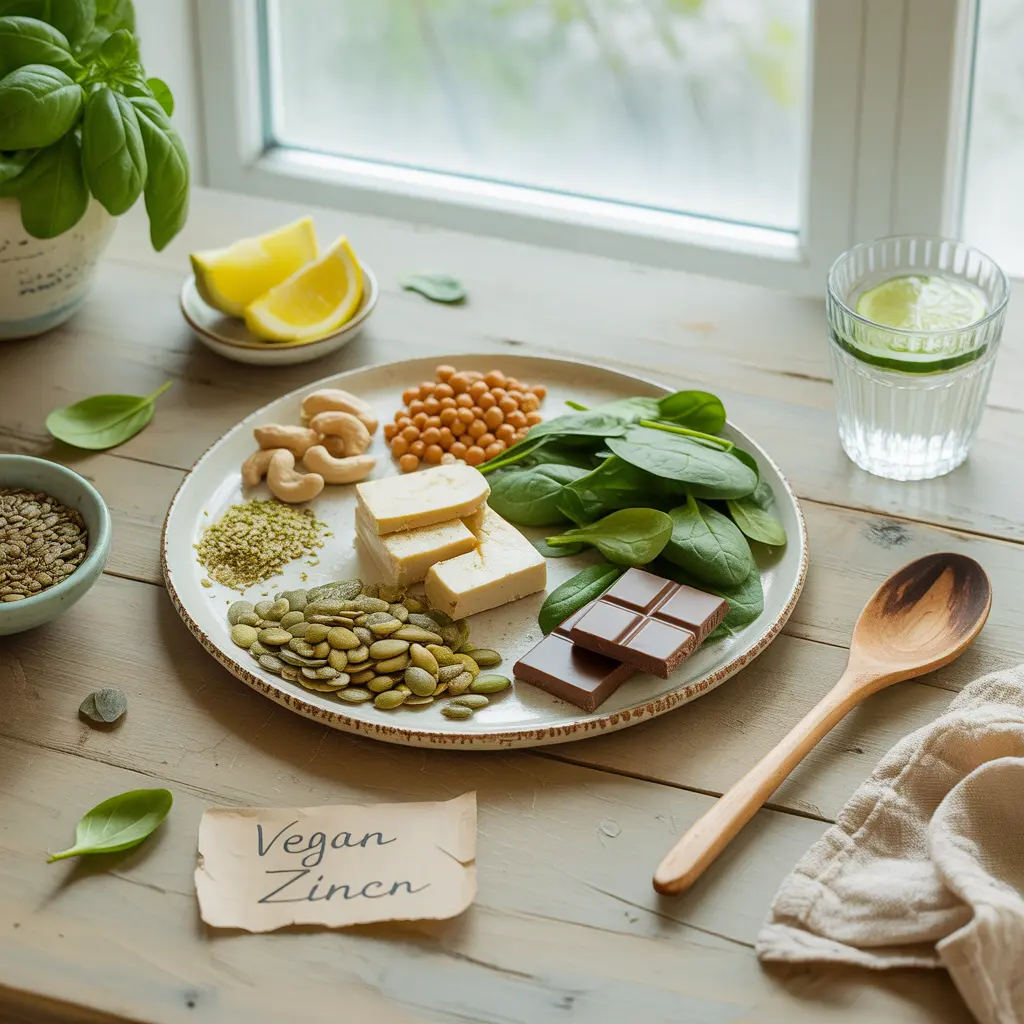 vegan-zinc-foods-natural-platter-guide-featured "Natural flat lay on light wood with cream plate of pumpkin seeds, cashews, chickpeas, spinach, tofu, hemp seeds, lentils, dark chocolate surrounded by lemon wedges, cucumber water, and handwritten Vegan Zinc label representing zinc-rich vegan foods."