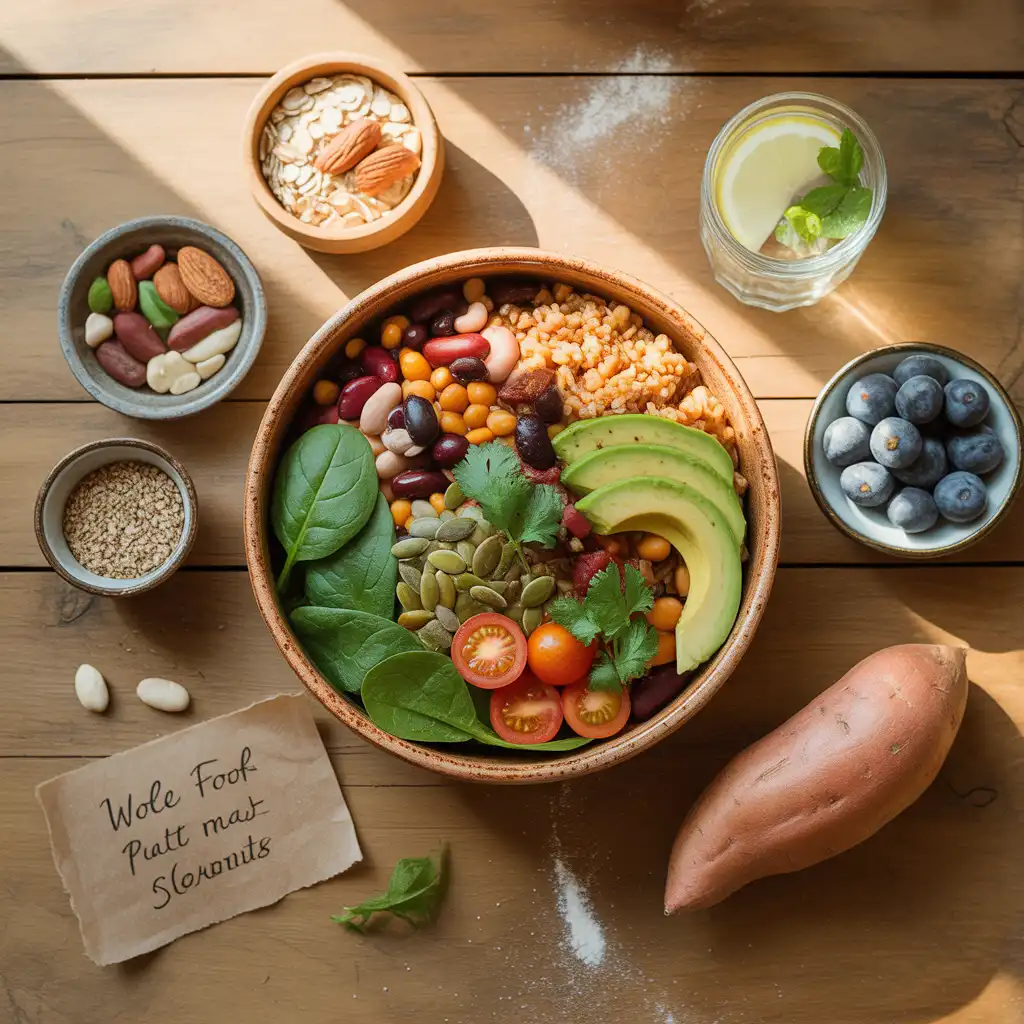 whole-food-vegan-diet-unprocessed-guide-featured "Natural wholesome flat lay on rustic wood with terracotta bowl of brown rice, mixed beans, spinach, avocado, cherry tomatoes, pumpkin seeds, cilantro, rolled oats, nuts, lemon water, blueberries, flaxseeds, sweet potato, and handwritten Whole Food Plant-Based label representing whole food vegan diet."